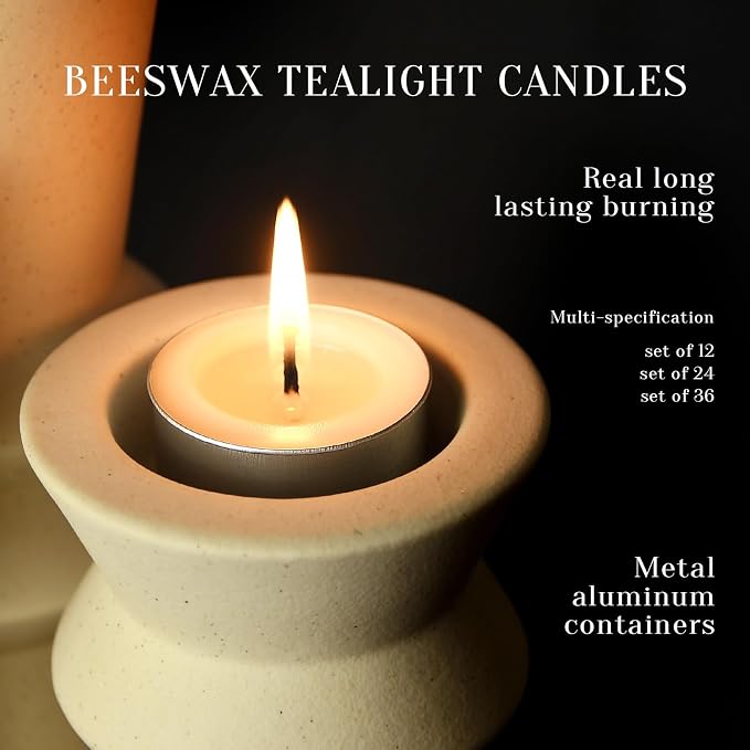 Natural Ivory White Beeswax Tealight Candles in Metal Aluminum Cup - Organic Small Candle Natural Scent Smokeless 4-5 Hours Burning - Pack of 12