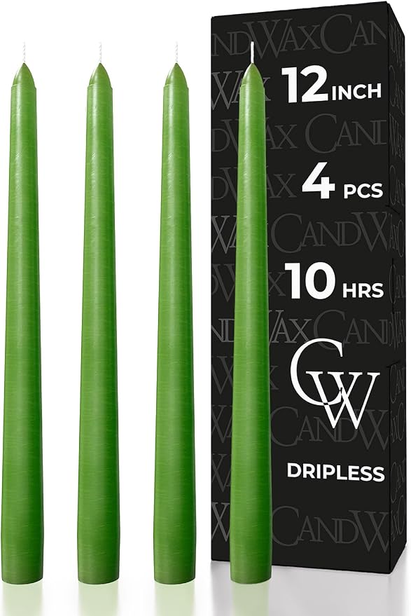 CANDWAX 12 inch Taper Candles Set of 4 - Dripless, Unscented, Long Burning Dinner Candles - Grass Green Candles