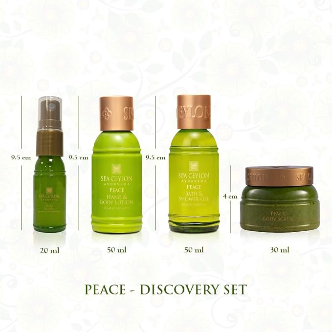 Spa Ceylon Ayurveda Peace Discovery Set - 4-Piece Natural Bath & Body Gift Set with Lavender, Lemongrass & Peppermint - Shower Gel, Body Lotion, Pillow Mist & Body Scrub