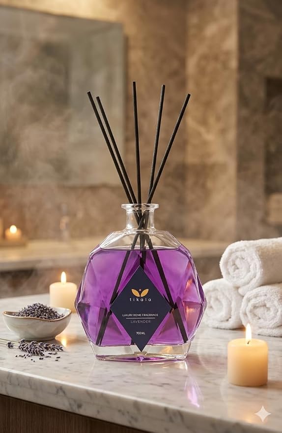Luxury Reed Diffuser with Lavender Scent – Crystal Glass Bottle – Home Fragrance for Living Room Bathroom & Office – 23.67 fl oz 700 ml