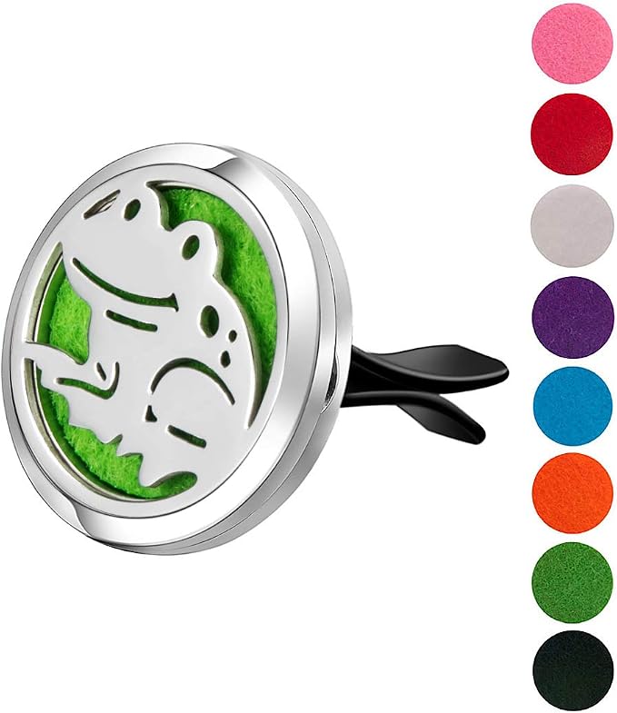 Wild Essentials Happy Frog Essential Oil Car Vent Diffuser, Stainless Steel Locket Pendant with 8 Color Refill Pads, Customizable Color Changing Air Freshener for Aromatherapy