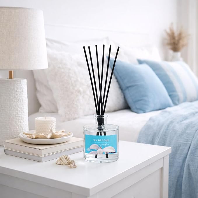 Reed Diffuser Set, Sea Salt & Sage 3.52 oz (100ml) Scented Diffuser with Sticks Home Fragrance Reed Diffuser for Bathroom Shelf Decor, Ideal Gift for Woman