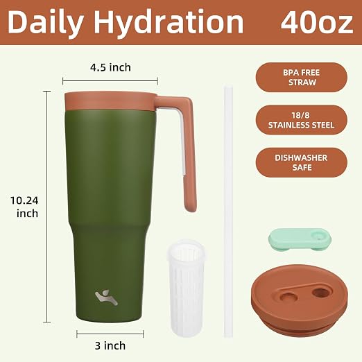Konokyo Insulated Tumbler with Handle and Straw,40 OZ Vacuum Stainless Steel Water Bottle Travel Mug Metal Cup with Fruit Diffuser,Forest Green