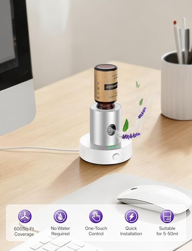 Mini Waterless Nebulizing Essential Oil Diffuser with 10ml Lavender Oil for Aromatherapy, Small Portable with Air Mist and Scent for Home, Room, House, Desk, Office, Travel - Silver