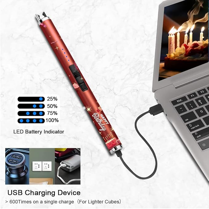 SUPRUS Candle Arc USB Lighter Electric Lighter with Upgraded LED Battery Display Safety Switch Rechargeable Flameless Plasma Windproof Portable for Birthday (Birthday Red)
