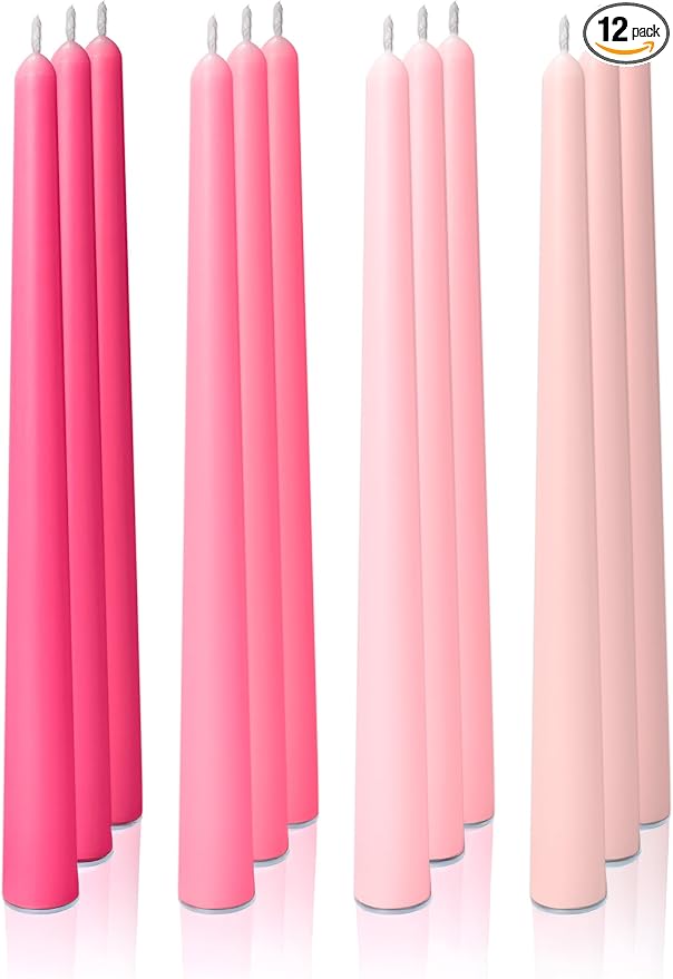 12pk 10" Classic Taper Candles, Pink Shades, 7-8 Hours Long Burning, Unscented Tall Candlesticks