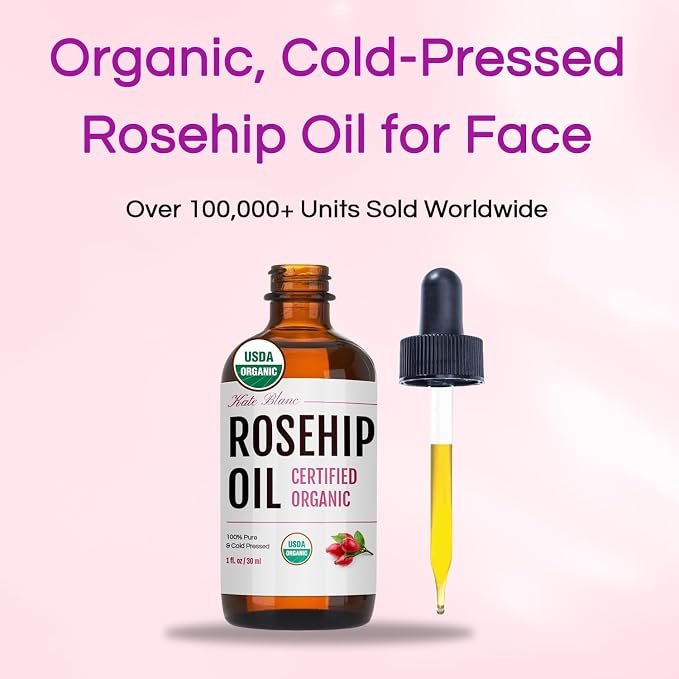 Kate Blanc Cosmetics Rosehip Oil for Face & Softer Glowing Skin (1oz, Organic, 100% Pure, Cold Pressed) Rosehip Seed Face Oil for Facial & Gua Sha Massage (Pack of 2)