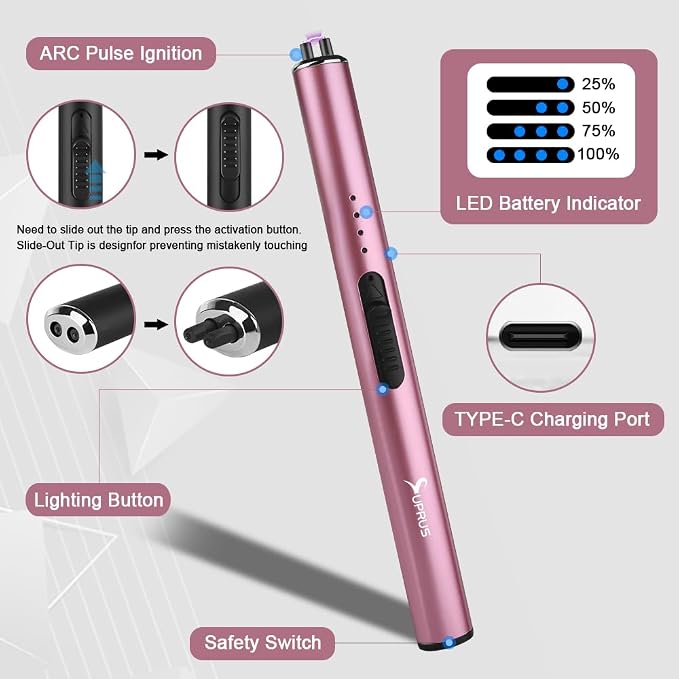 SUPRUS Electric Arc Windproof Flameless USB Rechargeable Lighter with Safety Lock for Candle (Pink, 3 Packs)
