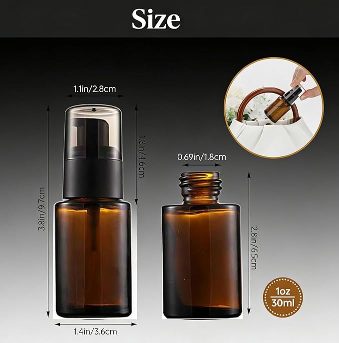 3 Pcs 30ml 1oz Amber Glass Travel Bottles Leakproof Cosmetic Cream Pump Bottle Dispenser Lotions Bottles Travel Containers Lotion Dispenser for Creams Foundation Shampoo Essential Oils