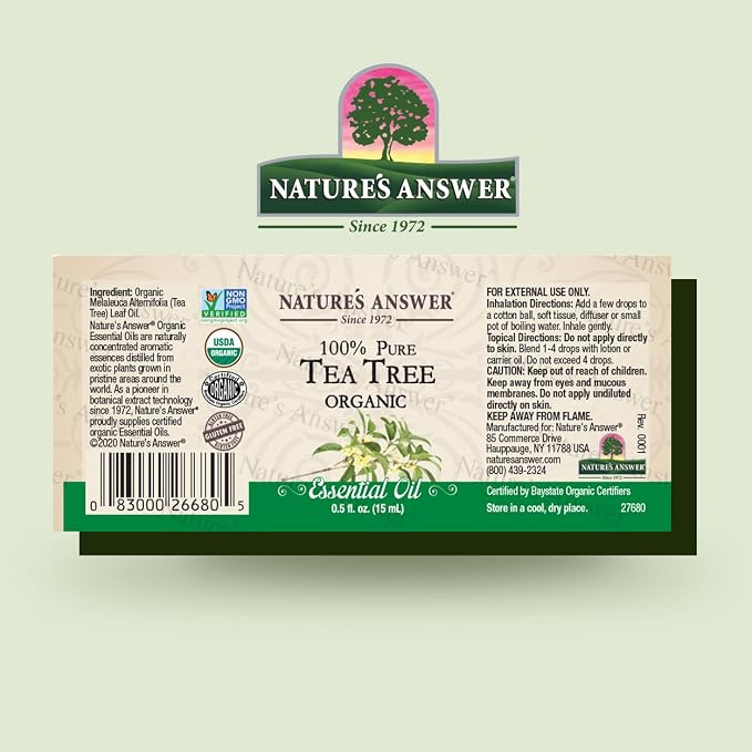 Nature’s Answer USDA Organic Tea Tree Essential Oil, 100% Pure | Natural Aromatherapy Oil for Diffuser/Humidifier, Steam Distilled 0.5 fl oz. (15ml) | Made in USA