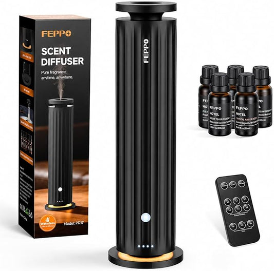 FEPPO Waterless Diffuser – Diffuser for Home, Hotel, Office | Essential Oil Diffuser Starter Kit with 5×20mL Hotel Scent Oils, 6 Scent Levels, 4 Timer Modes, Quiet Diffuser, 1000+ Sq Ft