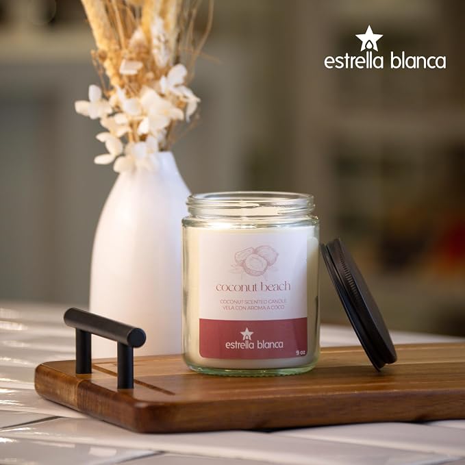 Coconut Beach Scented Candle 9oz, Tropical Soy Wax Candle for Home Scented, Up to 150 Hour Burn, Aromatherapy & Relaxation, Gift for Women & Men, Beach Decor Candle