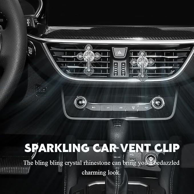 Bling Car Air Vent Clip, Crystal Cross Car Air Fresheners, Rhinestone Vehicle Air Conditioner Outlet Diffuser Vent Clip, Bling Car Interior Accessories Fit for Women and Man (Black, Style 1)
