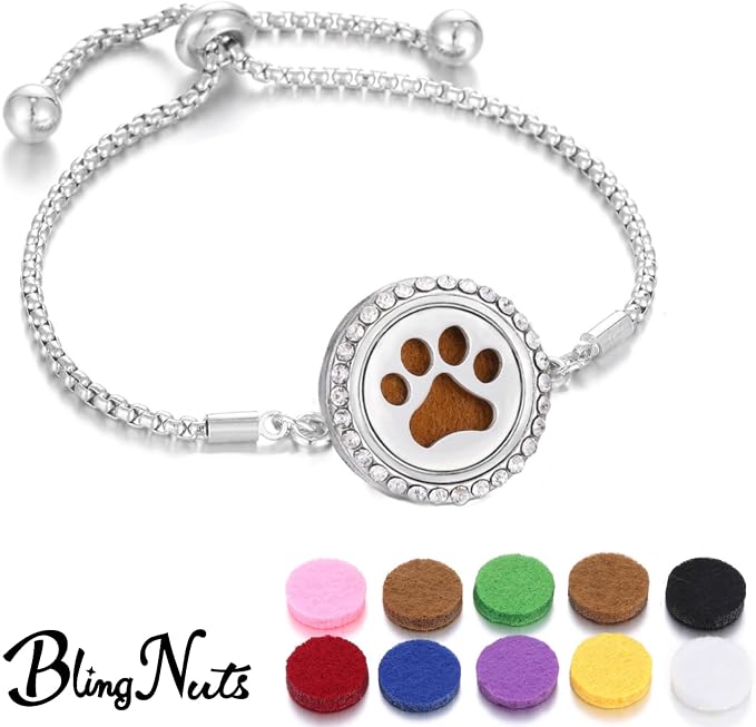Dog Paw Print Essential Oil Diffuser Bracelet for Dog Lover Stainless Steel Puppy CZ Aromatherapy Locket Scent Bracelet with 10 Refill Pads