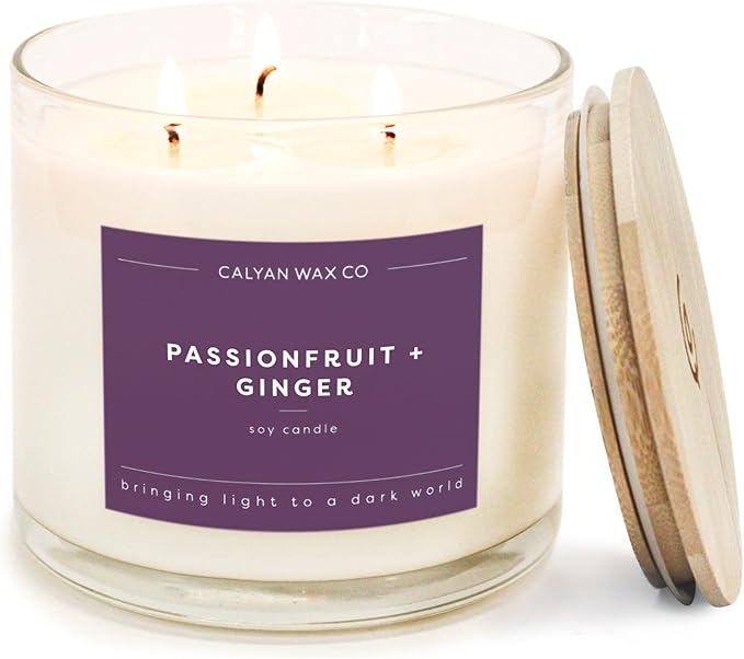 Calyan Wax Co. Passionfruit & Ginger 3 Wick Scented Candle - 43 Hour Burn - Luxury 3 Wick Soy Candles - Clean Soy Wax Candles - Long Lasting Large Glass Jar Candle for Home - 14.9oz