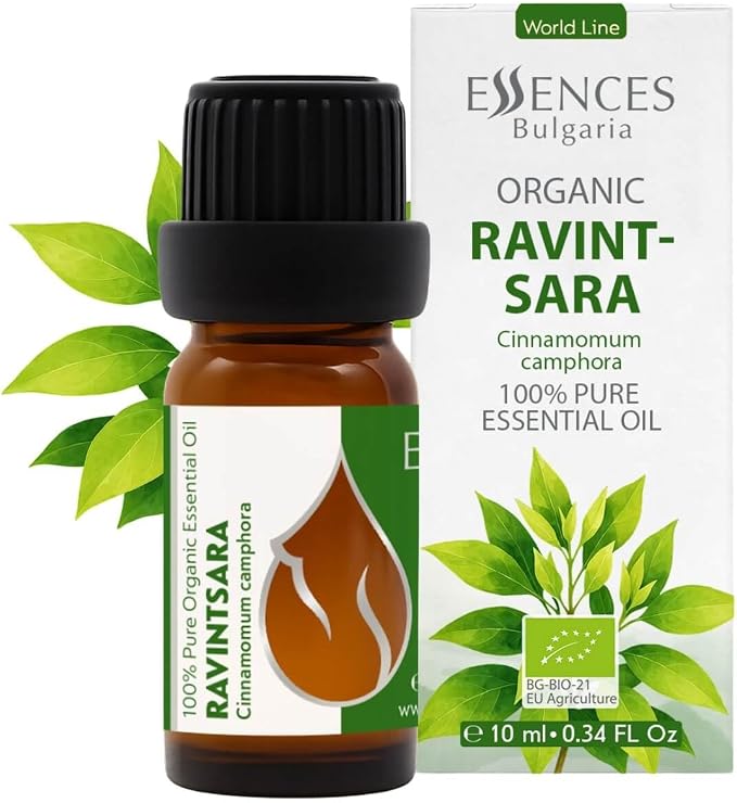 Essences Bulgaria Organic Ravintsara Essential Oil 0.34 Fl Oz | 10ml | Cinnamomum camphora | 100% Pure and Natural | Undiluted | Therapeutic Grade | Aromatherapy | Cosmetics | Cruelty Free | Non-GMO