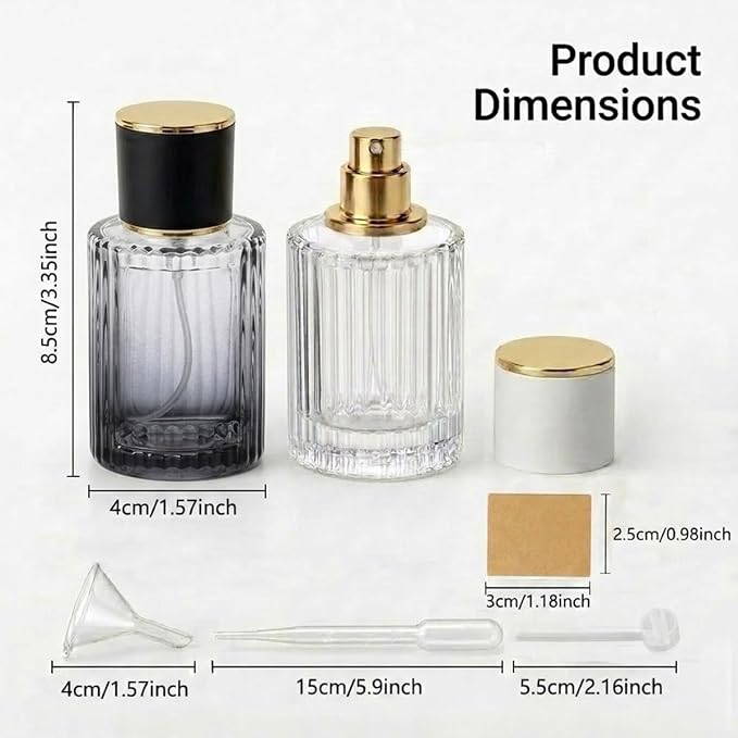 Empty Perfume Spray Bottles Set, Ribbed Glass Atomizer Refillable Portable Glass Atomizers with Funnel and Dropper, Fine Mist Spray for Women Men Dispenser Fragrance Container Set (2PCS, Clear+Black)