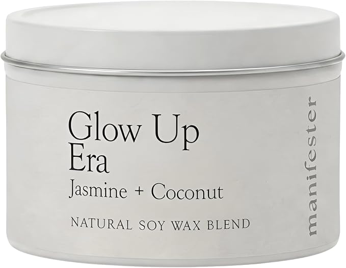 Glow Up Natural Soy Wax Candle with Mantra – Clean Burn 100% Cotton Wick (No Lead or Zinc) – Phthalate-Free & Paraben-Free – Long-Lasting – Gift for Women – 6 oz (Glow Up Era Jasmine + Coconut)