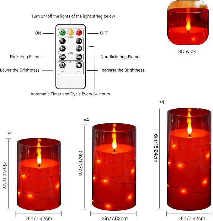 kakoya Flameless LED Candles with Timer 12 Pc Flickering Flameless Candles for Romantic Ambiance and Home Decoration Stable Acrylic Shell,with Embedded Star String，Battery Operated Candles(Red)