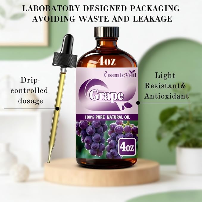 Grape Essential Oil Grape Oil for Aroma Diffuser,Humidifier,Home Fragrance,Cleaning,Body Care,Massage,Yoga,DIY Candle,DIY Soap CosmicVeil（Grape，4 Fl Oz (Pack of 1)）