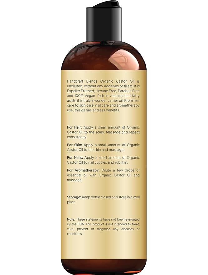 Handcraft Blends Organic Castor Oil 8 Fl Oz | 100% Pure and Natural | Premium Grade Carrier Oil | Hair, Eyelashes and Eyebrows | Hair and Body | Expeller-Pressed | Hexane-Free