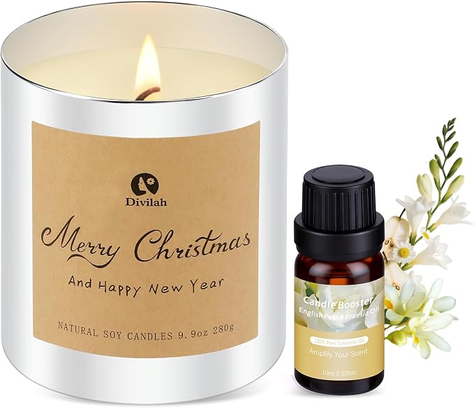 Christmas Scented Candles Gifts for Women Men, 9.9oz 65H Long Lasting Burn Non Toxic Soy Candles Clean Burn for Christmas Holiday Gifts Home Scented, English Pear Freesia Essential Oils