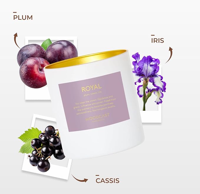 Moodcast Royal Scented Candle - Aesthetic Candle for Home, Plum, Cassis & Iris, Clean Coco Wax Blend, Vegan, Paraben Free, 45-Hour Long Lasting Burn - 8oz