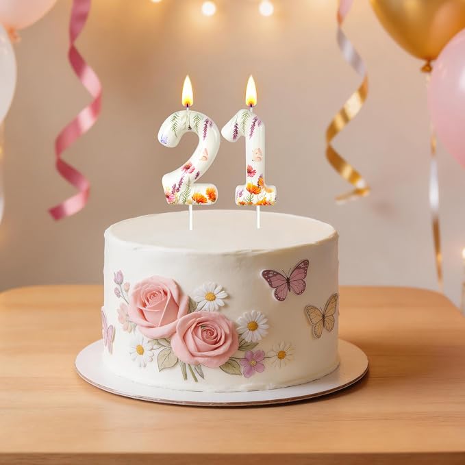 Number 2 Birthday Candle for Cake – Floral Botanical Design with Butterfly Detail – Elegant Cake Topper for Birthday, Garden Party Decoration