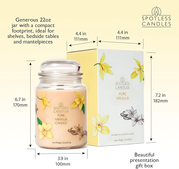 Vanilla Candle 22oz: 130 Hour Burn, Large Jar Scented Soy Wax Candle, Wooden Wick, Warm Vanilla Sugar, Luxury Gift Box, Home Decor by Spotless Candles