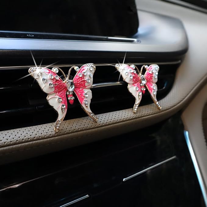 ORIESSE 2pcs Pink Butterfly Car Air Freshener Vent Clips Bling Car Accessories for Women Refillable Diffusers