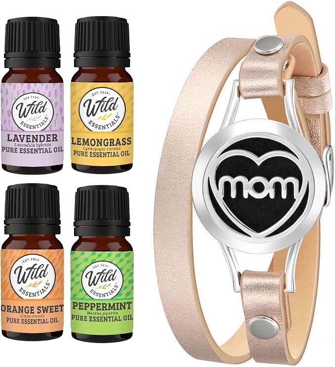 Wild Essentials MOM Essential Oil Leather Wrap Bracelet Diffuser Kit, Gift Set, Lavender, Lemongrass, Peppermint, Orange Oils, 12 Pads, Customizable Color Changing Perfume Jewelry, Aromatherapy