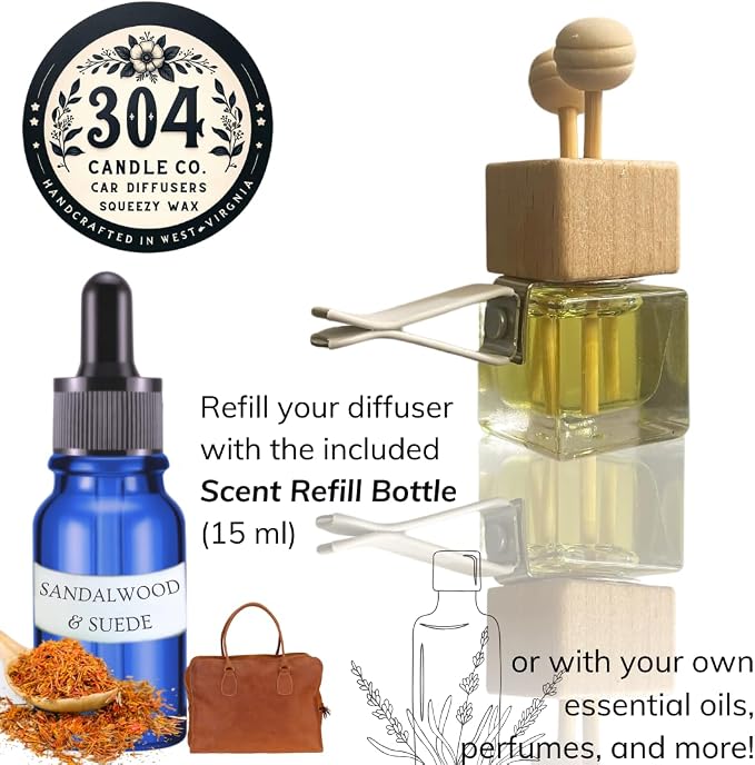 Cute Refillable Car Air Freshener Vent Clip 8mL – Sandalwood & Suede – 15mL Refill Included – Long Lasting Fragrance Oil Diffuser – 100% American Handmade Odor Eliminator