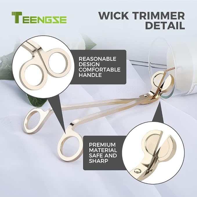 Gold Candle Snuffer and Wick Trimmer, Stainless Steel Polished Candle Accessory Set with Long Handle Candle Extinguisher for Candle Lover and Family That Likes to Use Candles