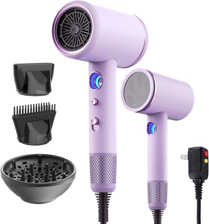Fast-Drying Ionic Hair Dryer,1875 Watt High-Speed Ionic Blow Dryer with Diffuser/Concentrator/Comb Nozzle,LED Temp Display,Intelligent Temp Control,Low Noise for Home Salon Travel (Purple)