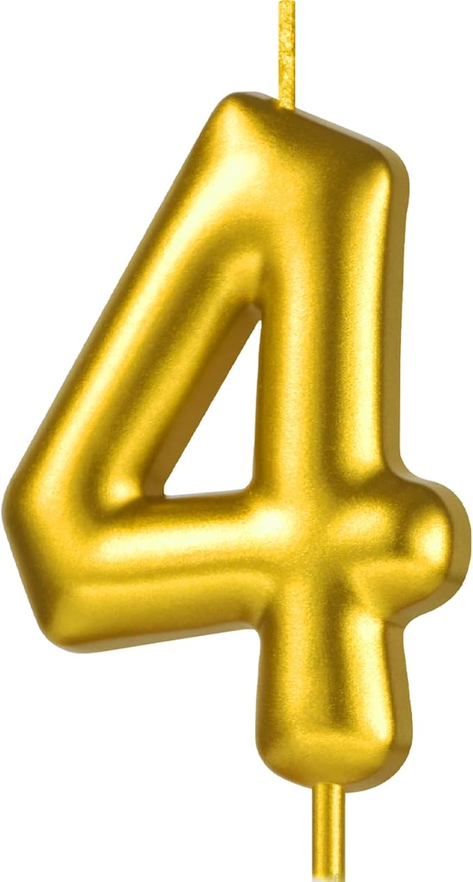2.76“ Gold 4 Candle 4th Birthday Party Decorations, Four Birthday Candle Gold Number Candles for Four Year Old Birthday Cake Decoration for Girls Boys, Number 4 Candle 4 Cake Topper for Cakes