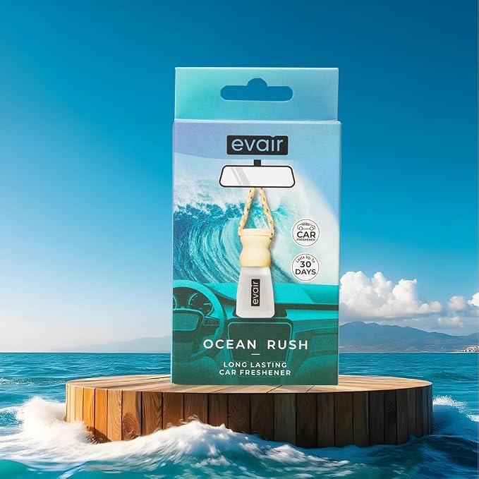 Evair Car Air Freshener | Hanging Air Freshener Car Diffuser | Long Lasting Scents made with Essential Oil | Alcohol Free (Ocean Rush)
