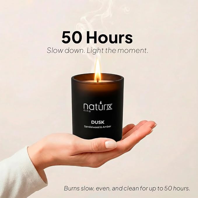 Natur IX Dusk Scented Candles for Home | Sandalwood & Amber | Natural Non Toxic Soy Candles with Essential Oils | 50 H Long Burning