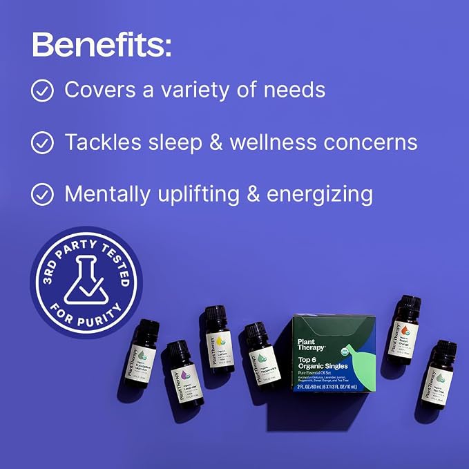 Plant Therapy Top 6 USDA Organic Essential Oil Set - Lavender, Peppermint, Eucalyptus, Lemon, Tea Tree 100% Pure, Natural Aromatherapy, for Diffusion & Topical Use, Therapeutic Grade 10 mL (1/3 oz)