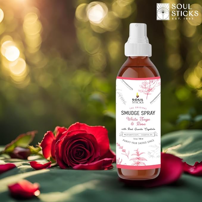 SOUL STICKS White Sage & Rose Smudge Spray For Cleansing and Negative Energy | 3.5oz Sage Smudge Spray with Real Quartz Crystals | Car Air Freshner Fragrance Sage Room Spray for Spiritual Cleansing