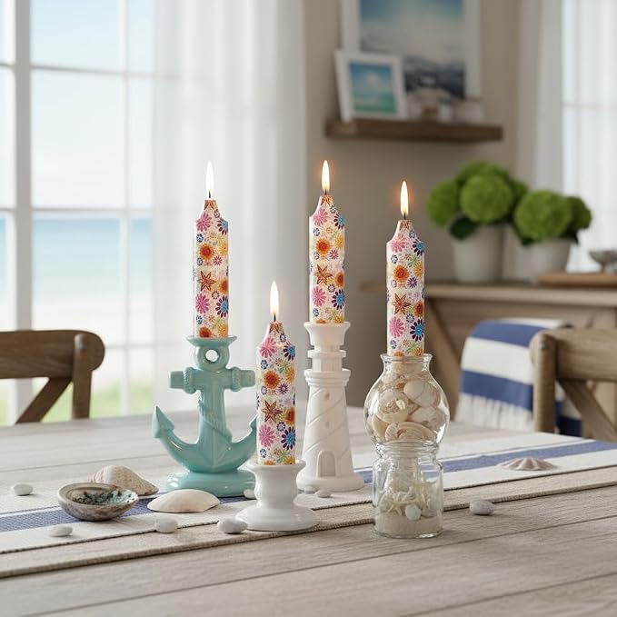 5 inch Short Candle Floral Candle Sticks Seashell Printed Candles Stick Handmade Unscented Taper Candle 4 Pack Flower Tapered Candles for Evening Wedding, Bohemian Seaside Theme Home Decor