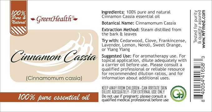 GreenHealth Cinnamon Cassia Essential Oil – 32 fl oz (946 ml) – 100% Pure & Uncut – Steam Distilled – Aluminum Bottle with Plug Cap – Aromatherapy, Soap, Candle Making