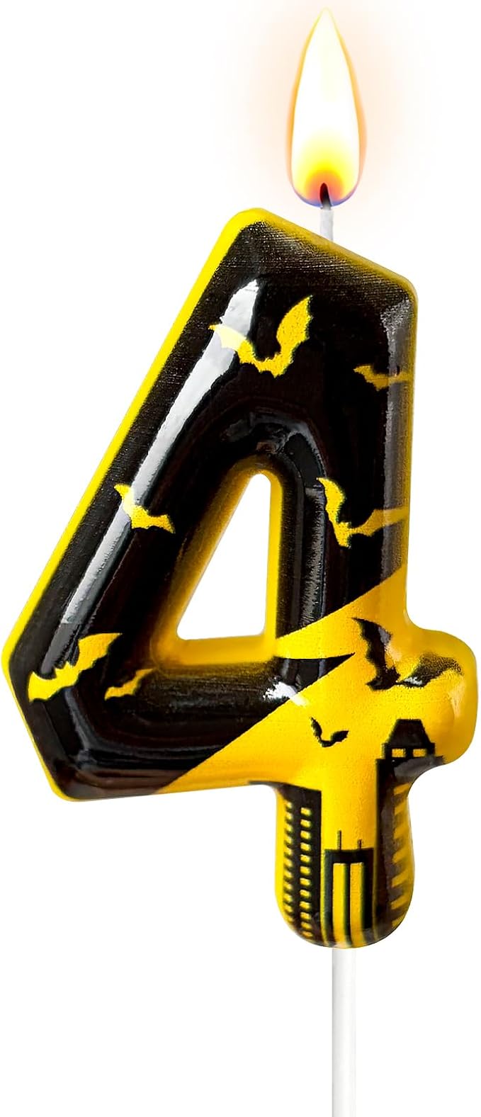 Black Yellow Number 4 Birthday Candle for Cake – Dark Night Hero Style with Bat & City Silhouette Design – Unique Cake Topper for Birthday, Anniversary, Themed Party Decoration