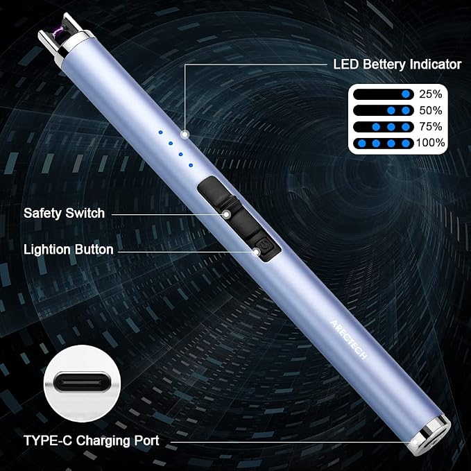 ARECTECH Rechargeable Electric Candle Lighter Arc Plasma Windproof Lighter for Candle Kitchen Birthday Gift for Mom Men Wife with Type-C Cable Blue