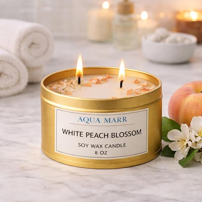 White Peach Blossom Soy Candle – 8 oz Floral Scented Candle, Hand-Poured Clean Burning Dual Wick Candle for Home, Spa & Relaxation – Aqua MARR