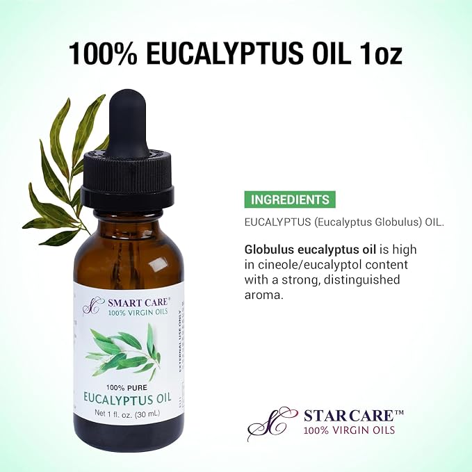 100% Pure Eucalyptus Essential Oil 1 oz (30ml) Undiluted Eucalyptus Globulus Oil for Hair Care Scalp Massage Dry Skin Moisturizer & Aromatherapy UV Protected Glass Bottle with Dropper