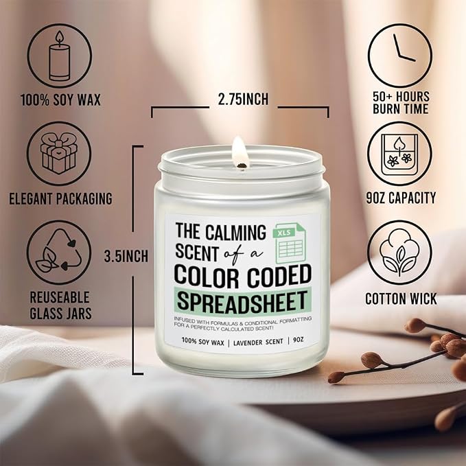 The Calming Scent of a Color Coded Spreadsheet Candle Funny Spreadsheet Gifts, Accountant Candle Gifts for Women Men, Funny Coworker & Friend Gift for Graduation Birthday, Lavender Candles 9OZ