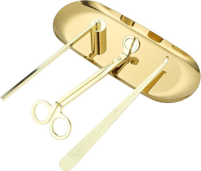 4 in 1 Candle Accessory Set with Storage Tray Plate, Candle Wick Trimmer, Candle Wick Snuffer, Candle Wick Dipper (Gold)