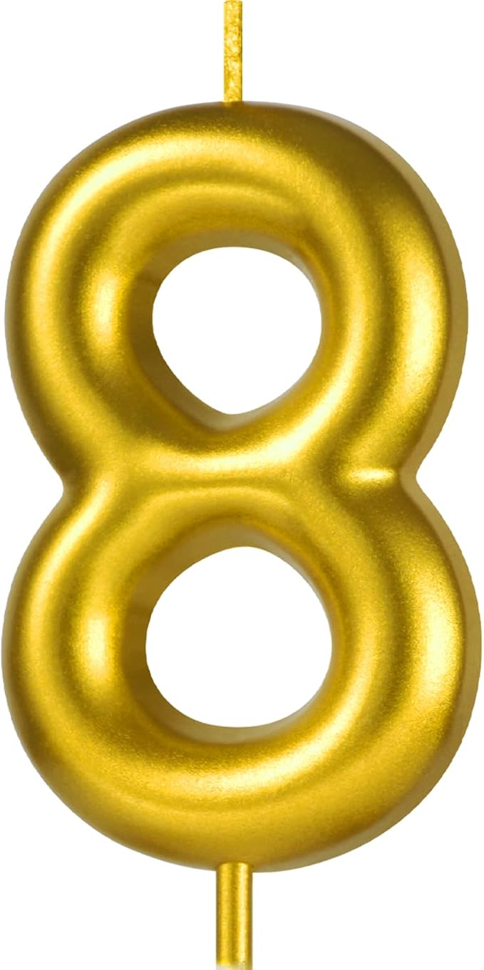 2.76“ Gold 8 Candle 8th Birthday Party Decorations, Eighth Birthday Candle Gold Number Candles for Eight Year Old Birthday Cake Decoration for Girls Boys, Number 8 Candle 8 Cake Topper for Cakes