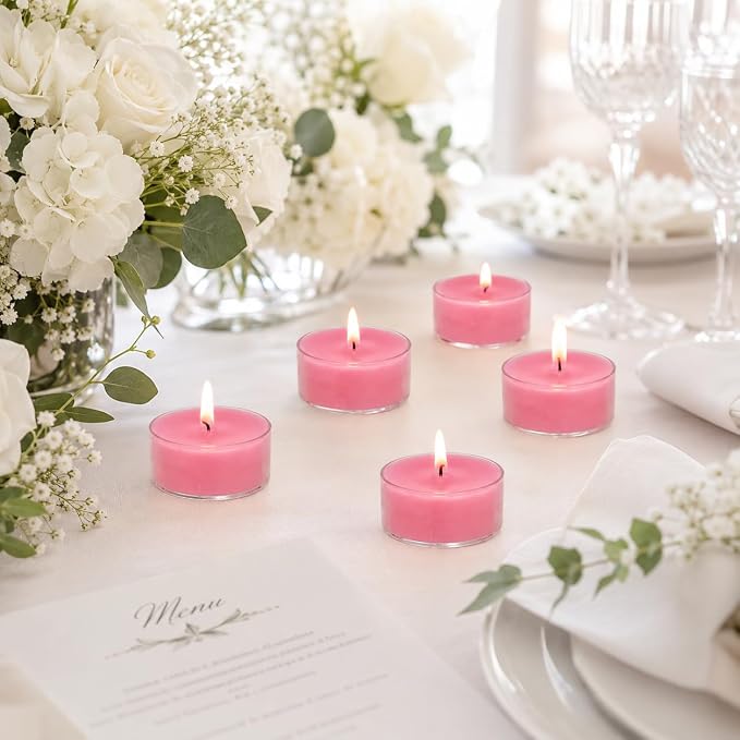 Hot Pink Tea Lights Set of 24, Peach Scented Tealight Candles, Handmade Tea Candles, Long Burning Tealights for Romantic Wedding Home Decor Gift
