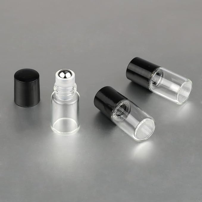 Wresty 25 Pcs Clear Glass Mini Roll On Bottles Empty Essential Oil Roller Ball Bottles Perfume Lip Blam Cosmetic Sample Vials Roller Glass Bottles Container With Black Cap (2ml)